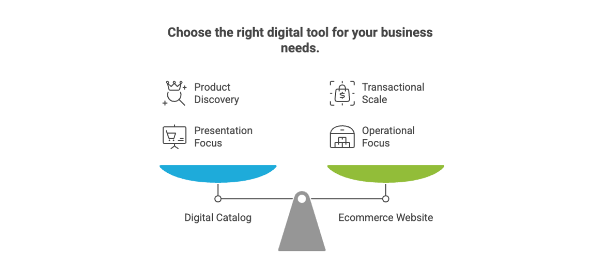Illustration comparing Digital Catalog and Ecommerce Website showing discovery and presentation benefits versus transactional scale and operational capabilities for online businesses.